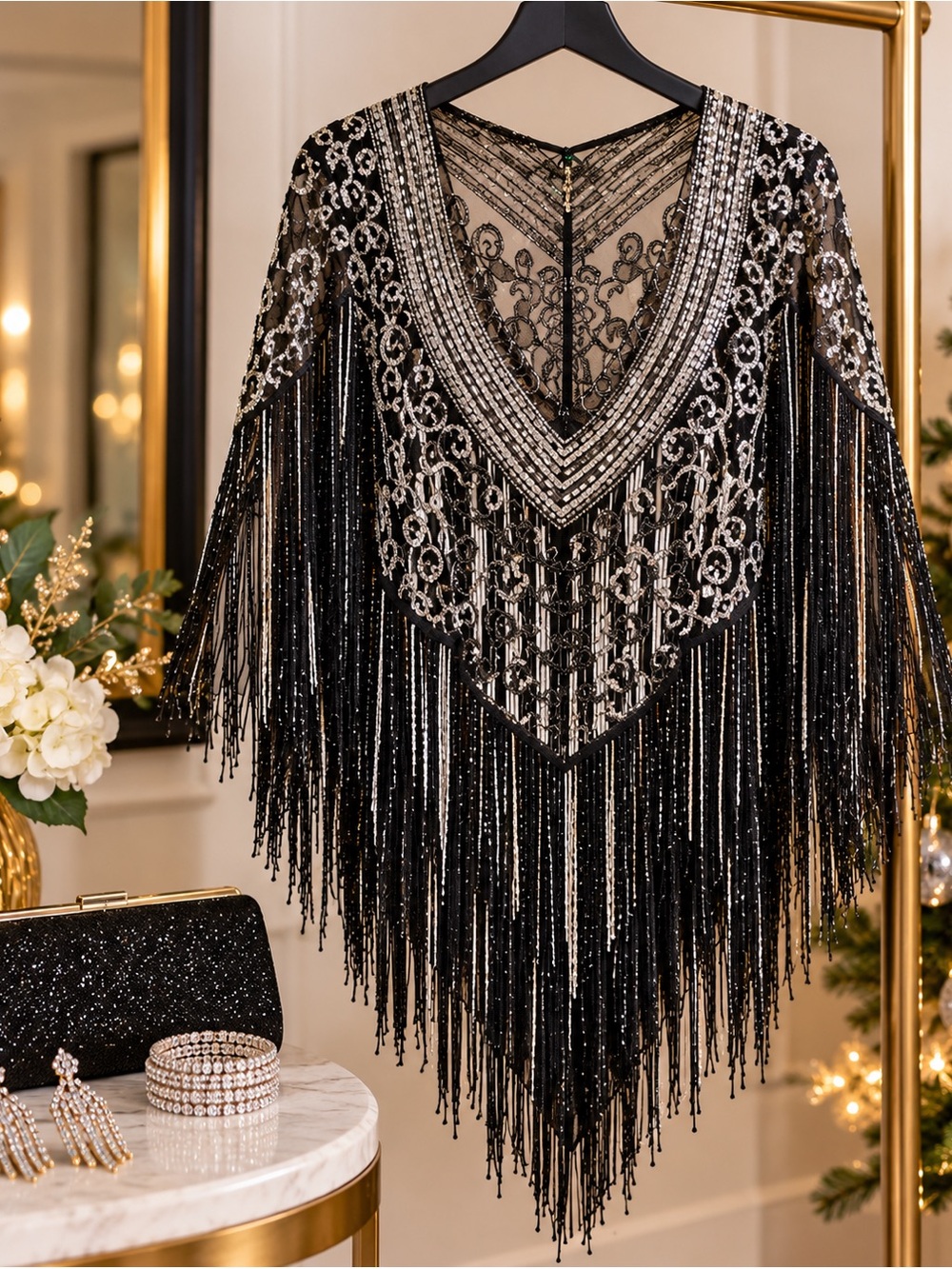 Black Silver Sequin Beaded Fringe Poncho Art Deco Gatsby Flapper Party Top